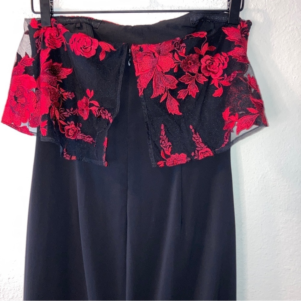 BADGLEY MISCHKA Floral Dress black red  Popover Gown strapless maxi. Size 6 - Picture 9 of 15